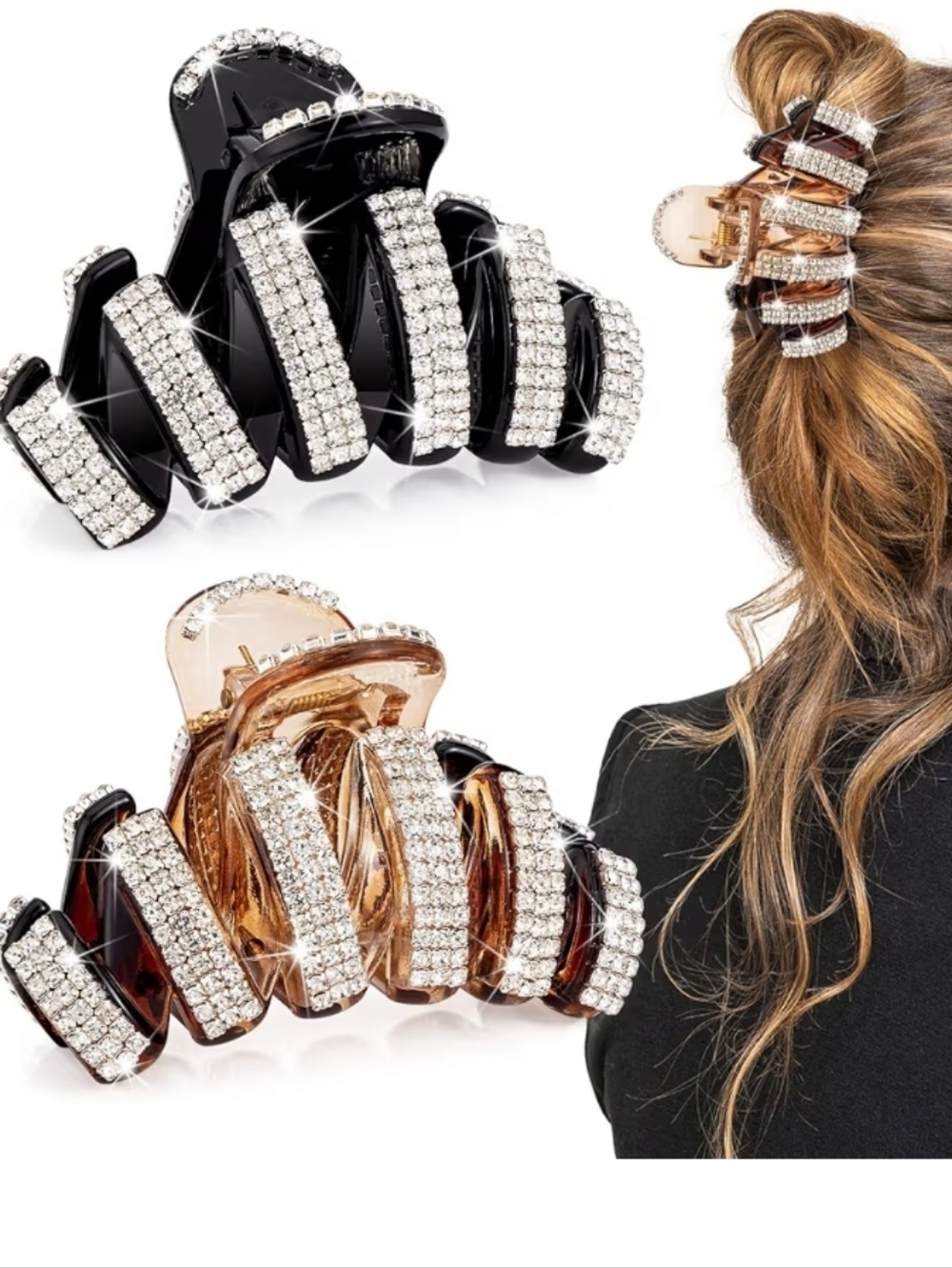 Crystal Rhinestone Hair Claw Clips - Black & Rose Gold